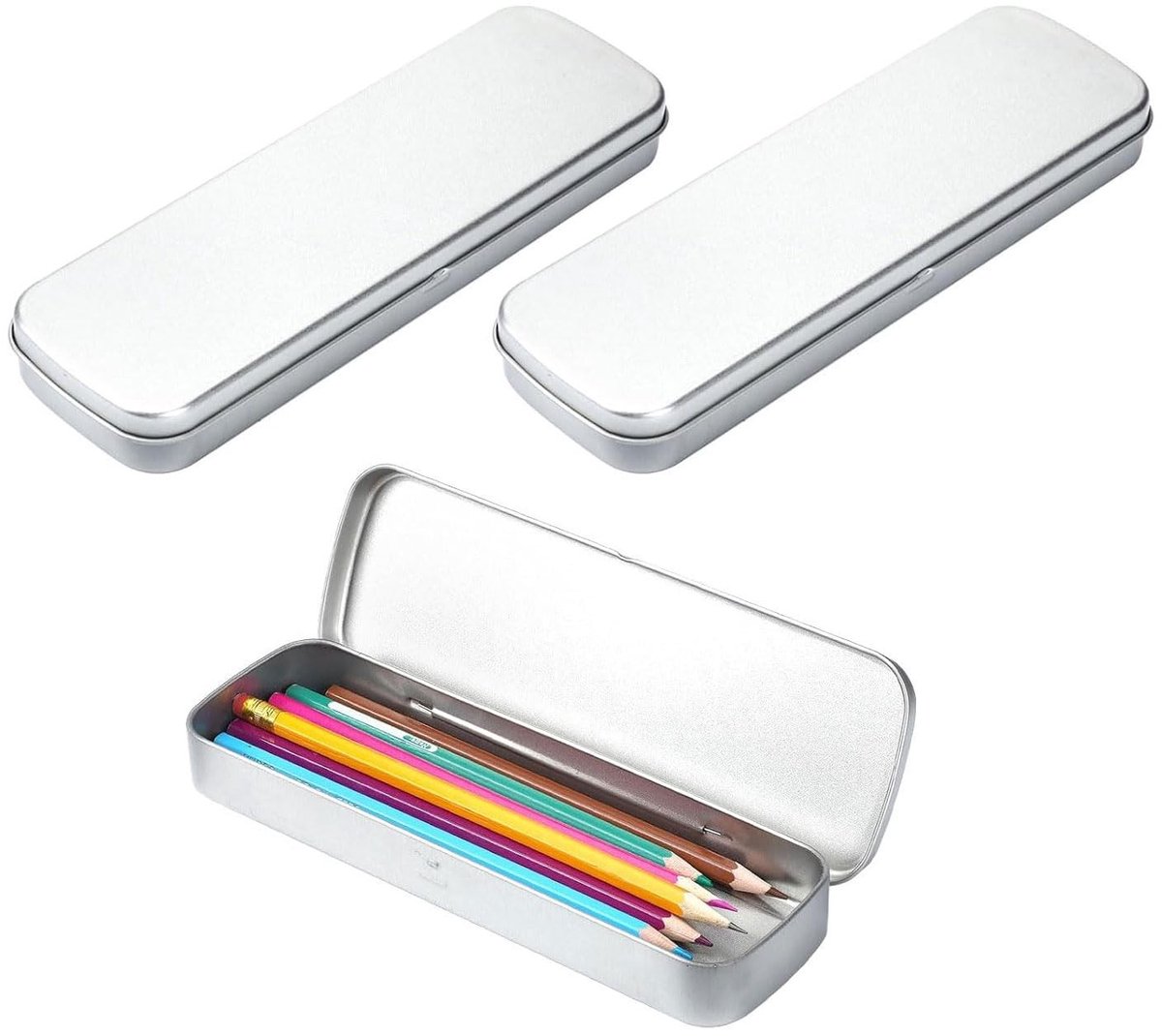 Dailygoods- Pennendozen 3 Stuks - Rechthoekige Opbergdoos - Metalen Blikjes met Deksel - Organizer voor Schrijfwaren - Afmetingen 21 x 6 x 2 cm - Duurzaam Metaal