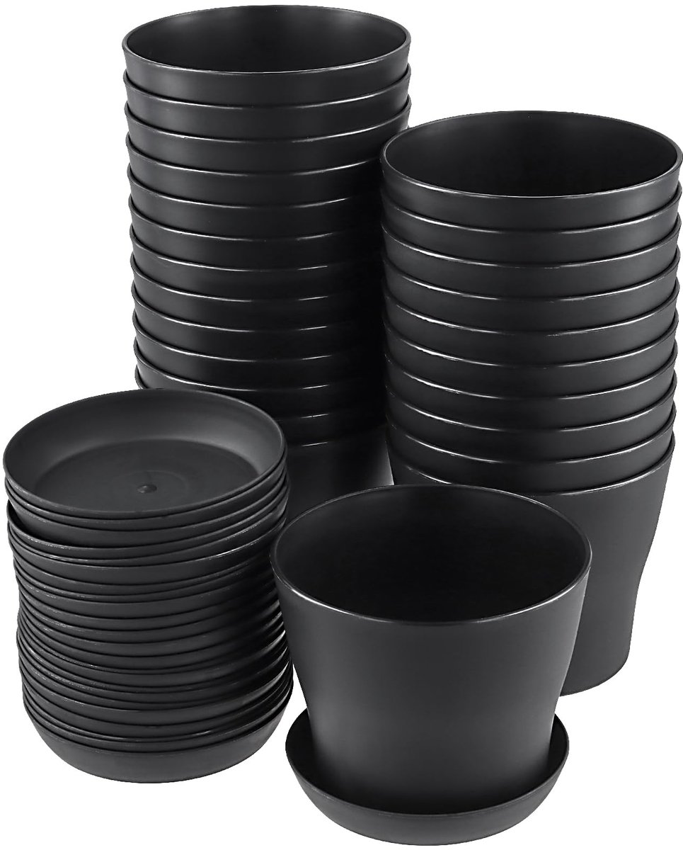 SnelShoppen - 24 stuks 10 cm zwarte bloempotten kunststof met dienblad, kleine plantenpotten met drainagegaten voor optimale groei, ideaal voor tuin,