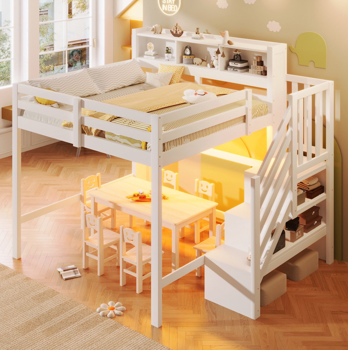 REDOM - Hoogslaper - LED-verlichting - Trap met opbergruimte en open vakken - Uitvalbeveiliging - Kinderkamer - Hout en MDF - Wit - 253 x 162 x 175 cm
