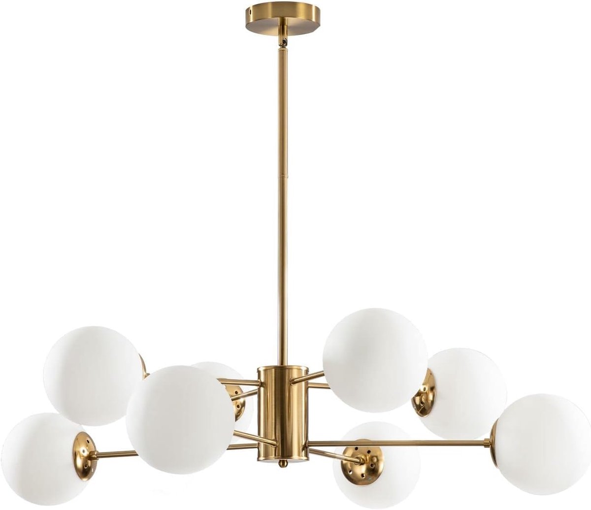 Dailygoods- Kroonluchter 8-Licht - Glazen Bollen - Gouden Messing - Retro/Industrieel - Moderne Hanglamp - Perfect voor Keukeneiland