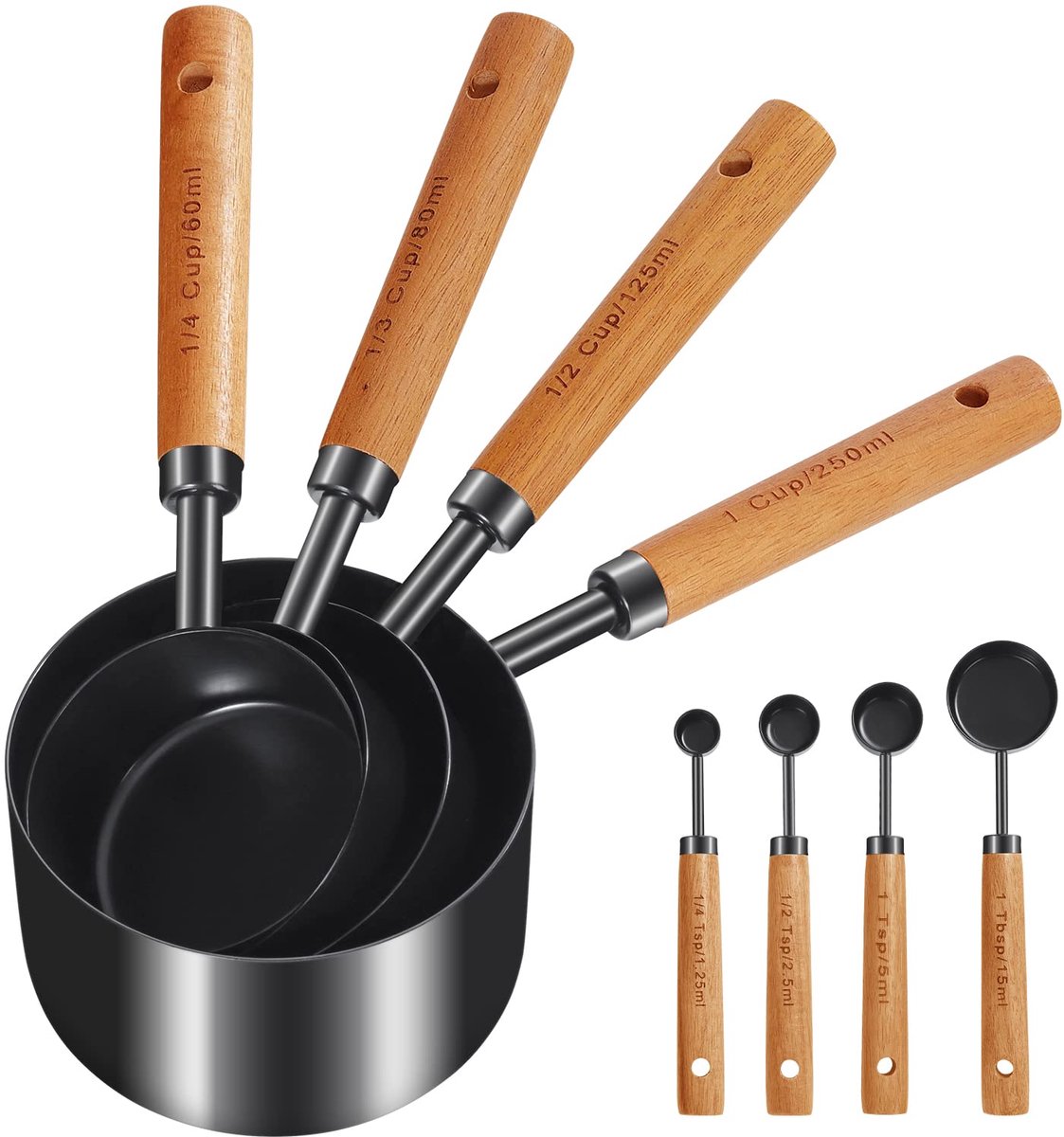 Dailygoods - Maatbeker en Maatlepel Set - 8 Stuks met Houten Handvat