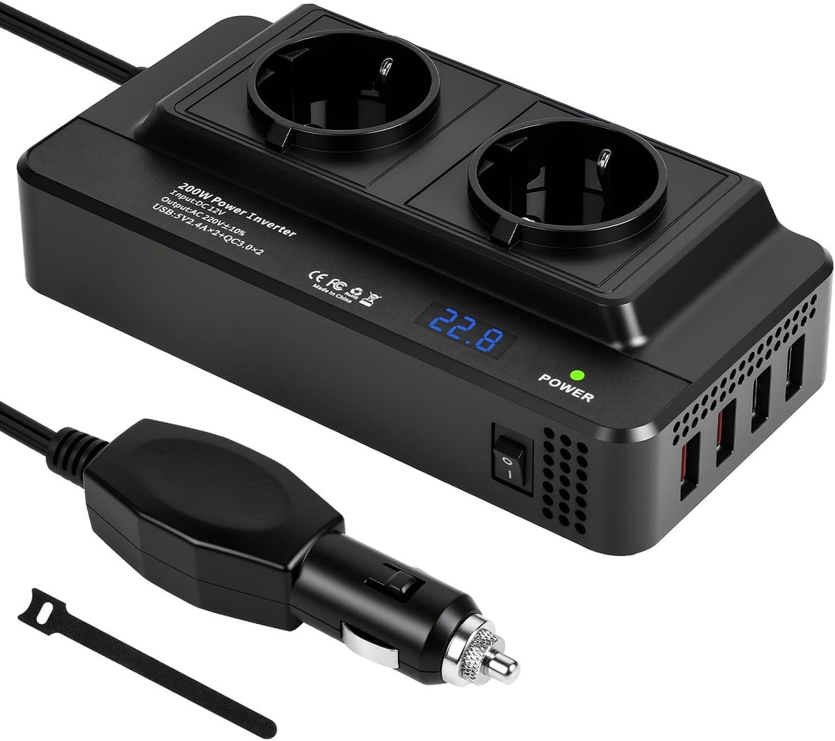 Auto-omvormer DC 12V naar AC 220V 200W, met 2 stopcontacten en 4 USB-poorten - USB 3.0 en USB 2.0, Snelladende Autolader met Sigarettenaanstekerplug Stroomomvormer voor op reis Universele