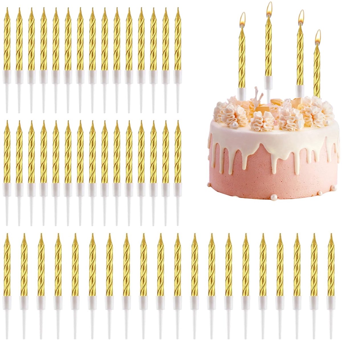 Dailygoods - 50 Stuks Spiral Cake Candles - Gouden Verjaardagskaarsen met Houders