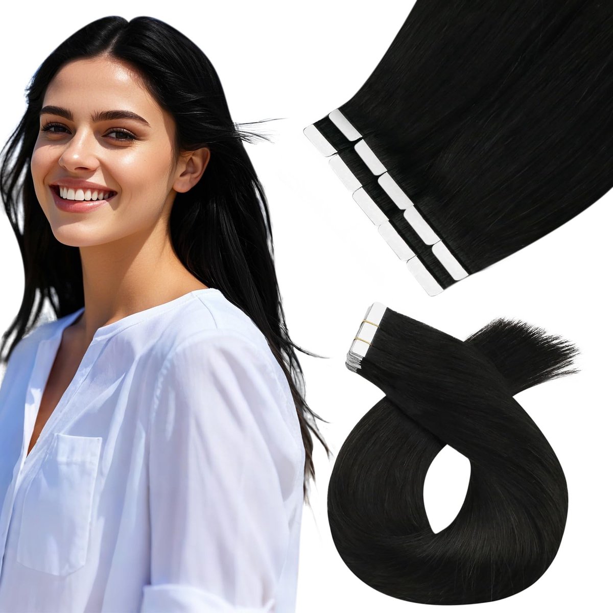 Dailygoods - Moresoo Tape-in Haarextensions - 100% Echt Haar, Natuurzwart, 45 cm