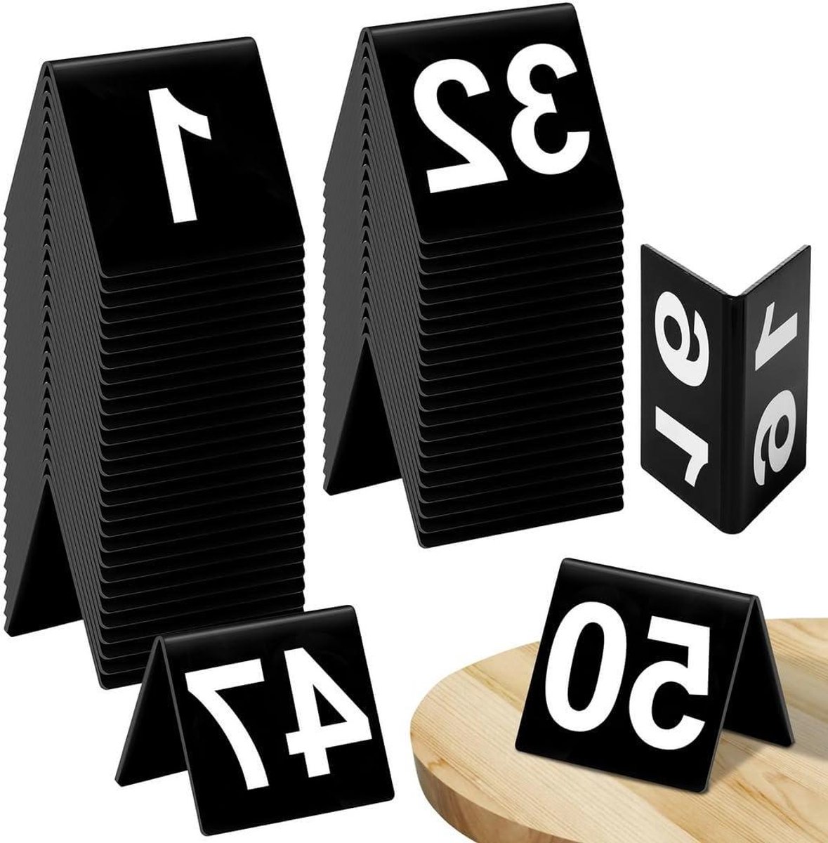 Tafelnummers Acryl - Tafelaanduidingen Tenten - Restaurant Organisatie - Vrijstaande V-vorm - 50 stuks - Zwart Wit