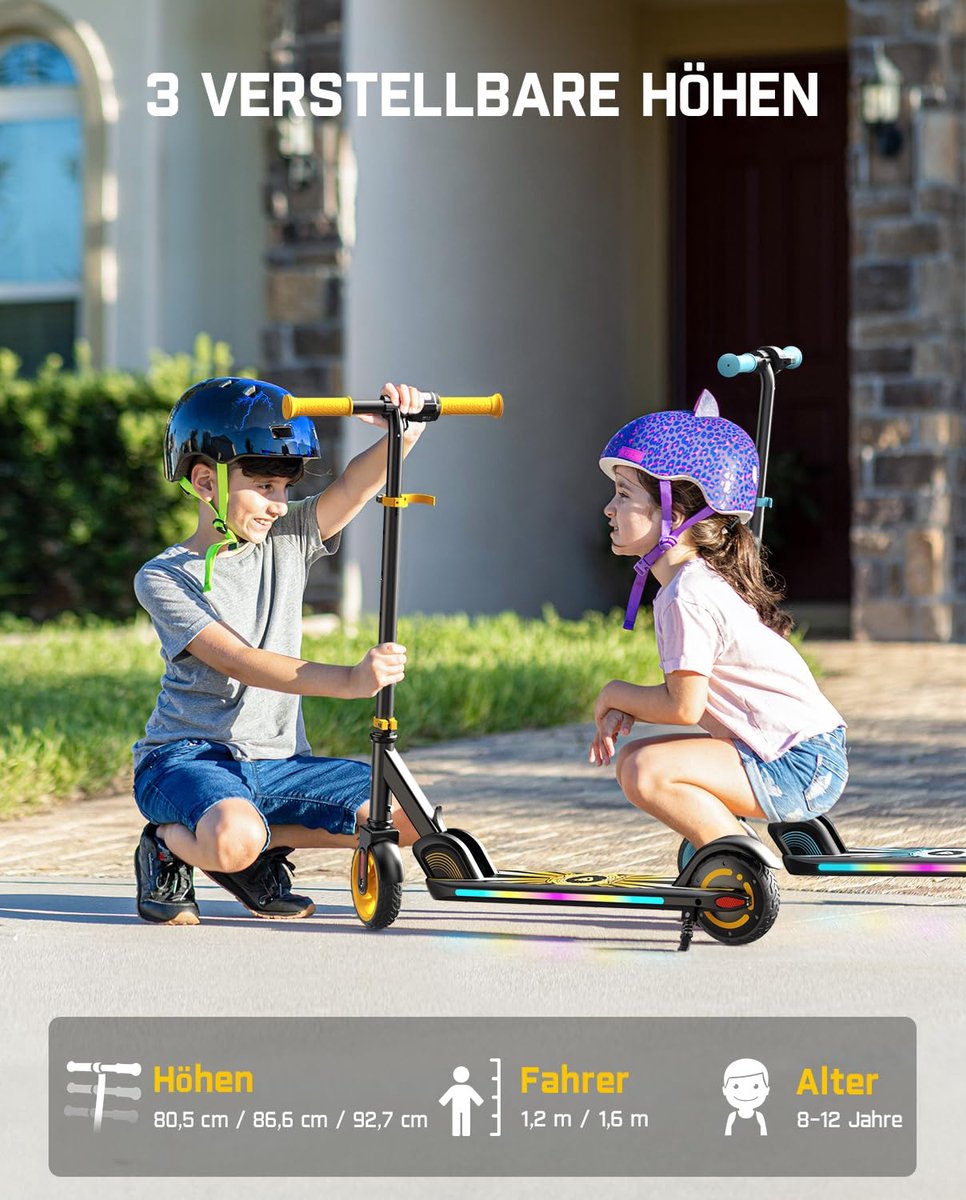 SnelShoppen - Elektrische Step voor Kinderen 8-12 Jaar, Bluetooth Muziek, Kleurige Regenboogverlichting, Snelheden 8/12/16 km/u, Bereik 8 km, LED-Disp