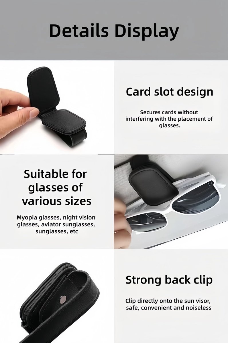 SnelShoppen - Zonnebrilhouder voor Autovizier - 2 Stuks Magnetische Lederen Zonnebrillenhouder en Kaartclip - Zonneklep Brilclip voor Auto (Zwart)
