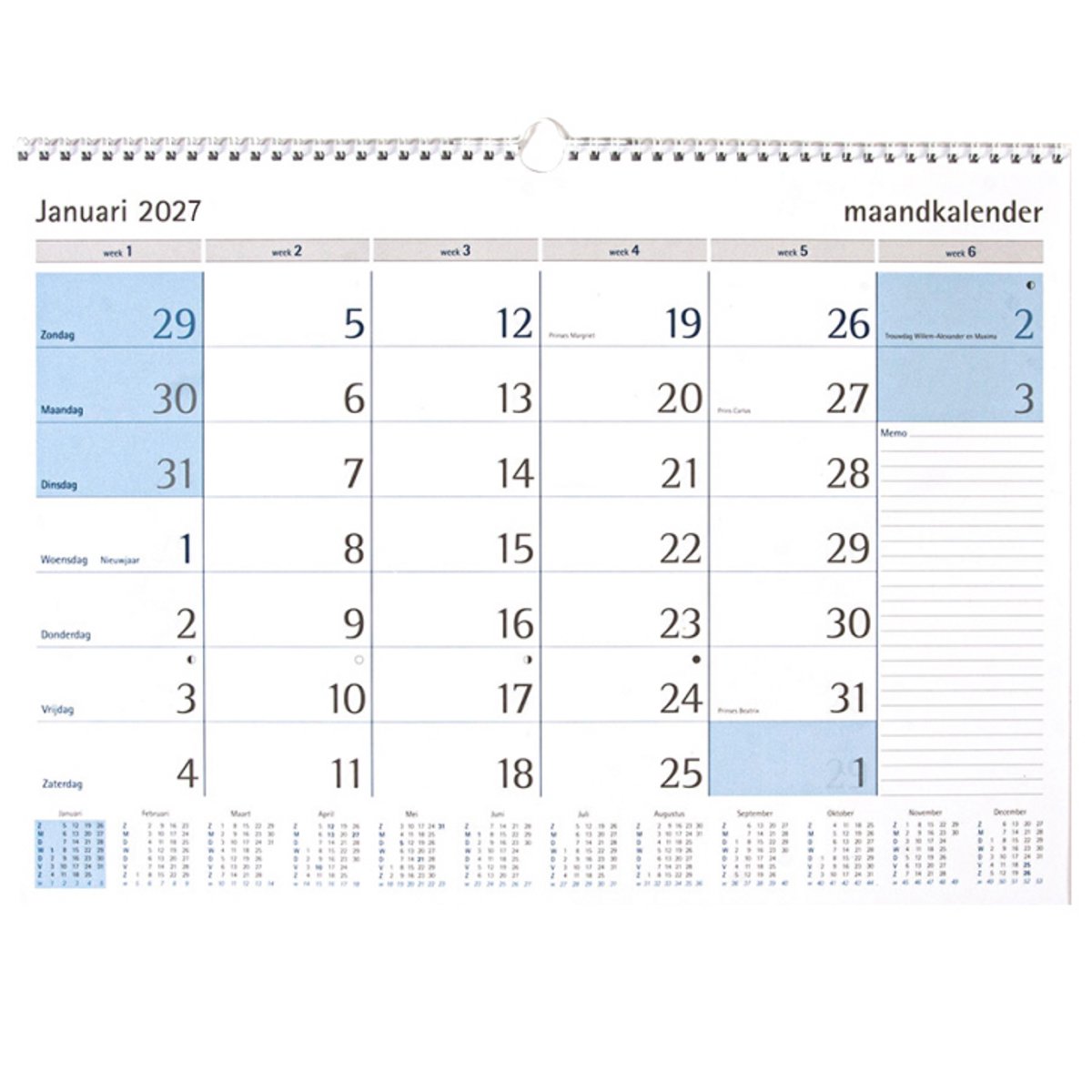 Castelli - maandkalender 2027 - ringband - extra groot formaat A3+ - wire-o-binding - neutrale uitvoering