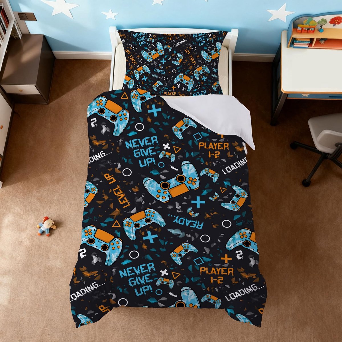 SnelShoppen - Gamer Dekbedovertrek 140 x 200 cm met Ritssluiting, Microvezel Beddengoed voor Eenpersoonsbed, Kinderbeddengoed Inclusief Kussensloop 65
