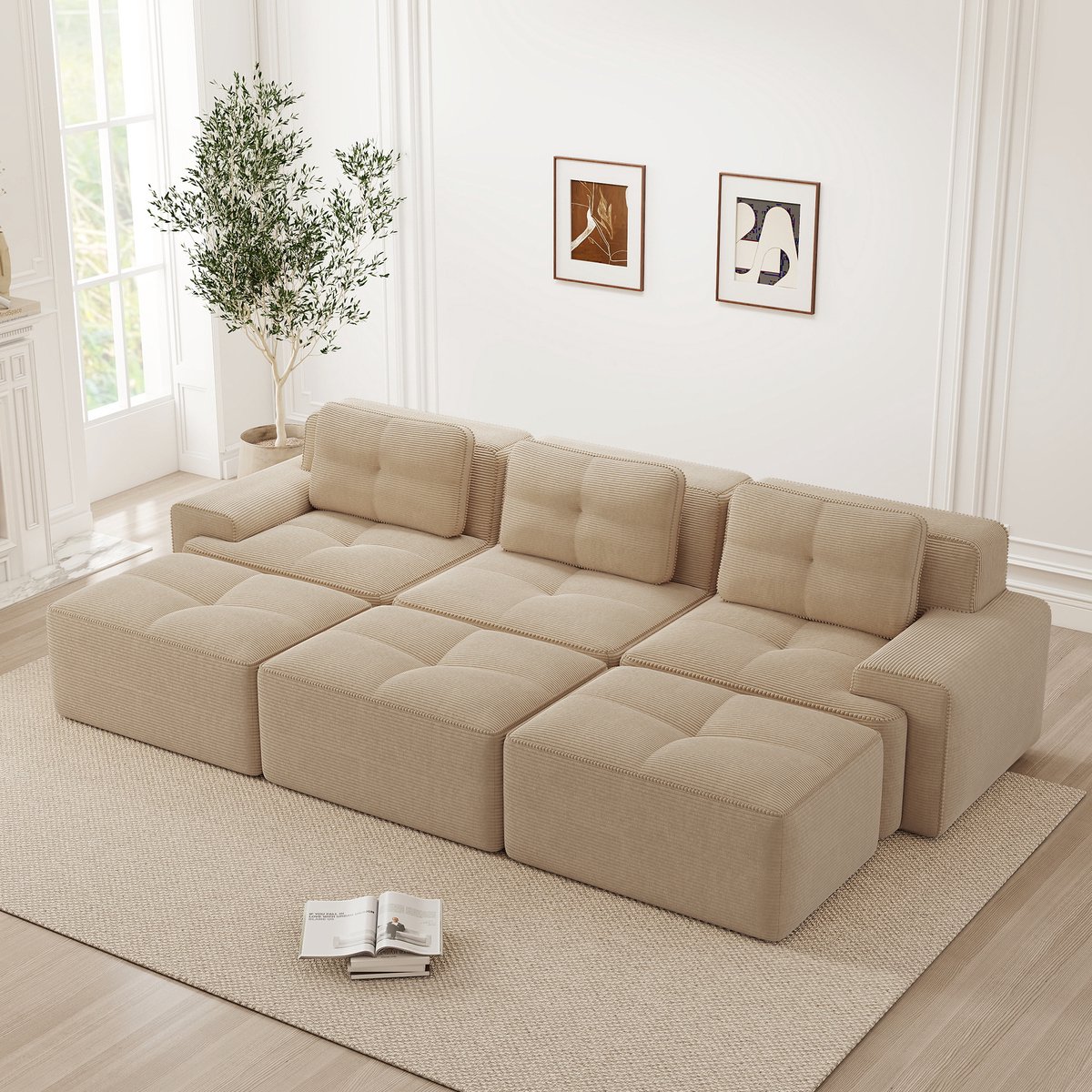 OKWISH Hoekbank 3-Zits - Modulair Met Slaapfunctie En 3 Hockers - Voor Woonkamer - Corduroy - Beige