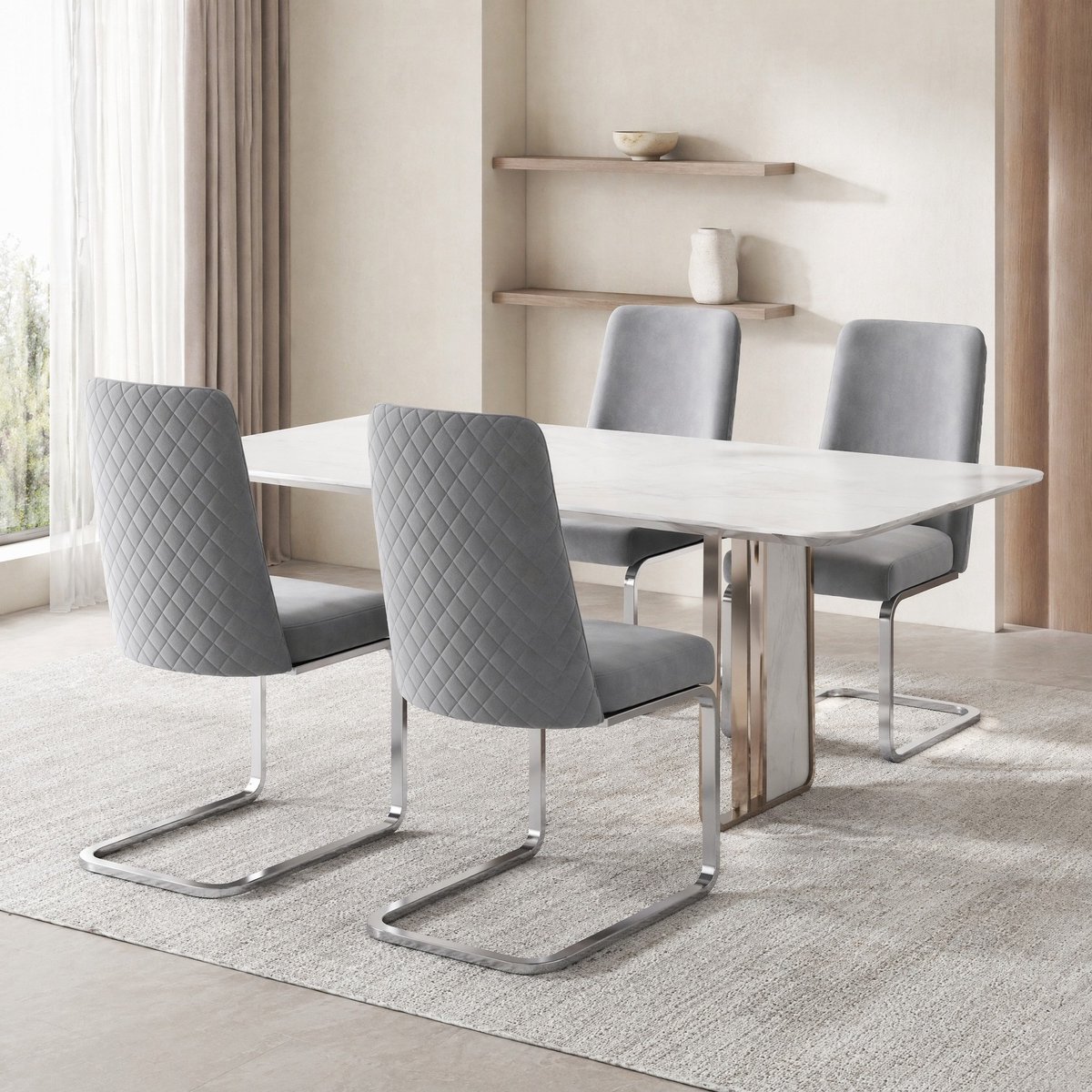 COVREO Eetkamerstoel set van 2 88 cm - grijs velvet, zilverkleurig metalen onderstel, met armleuningen