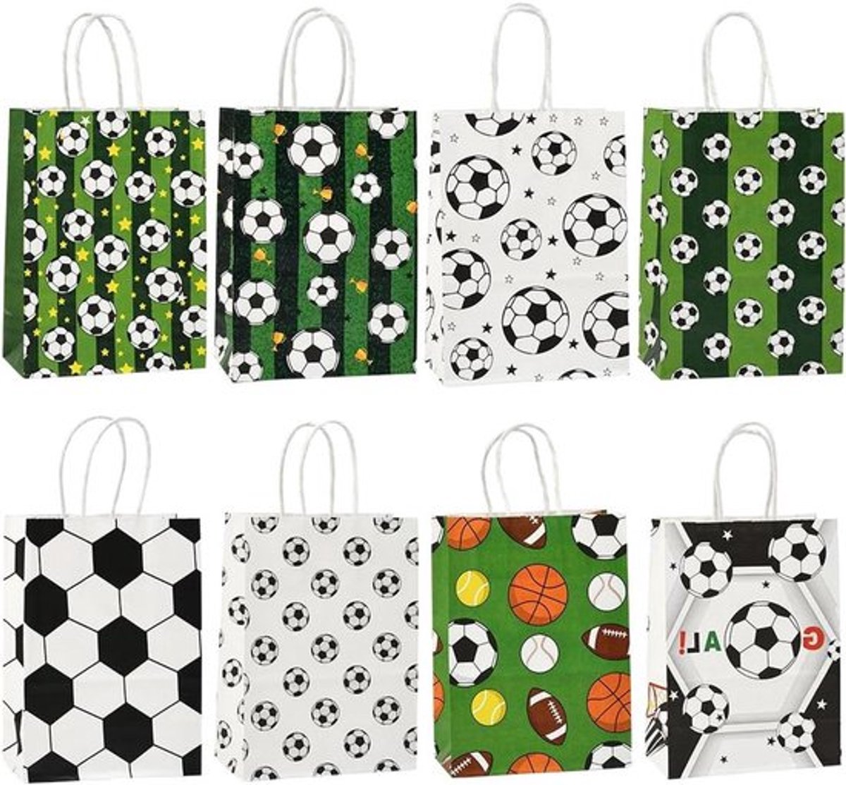 - Papieren geschenkzakken - Voetbal - Sport - Handvat - Feest - Geschikt voor sportevenementen - Witte zakjes - 16 stuks 15,9 x 8,3 cm papieren zakjes voetbalthema papieren goodie tasjes met handvat voor sportfeesten.