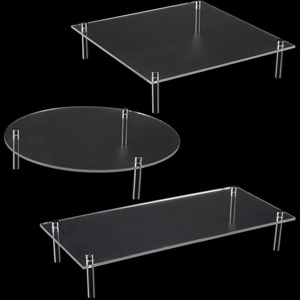 - Cake Stands - Dessert Tafel - Acryl Clear - Cupcake Display - Houder Plaat - Ronde Vierkante Voedsel - Organizer Serveren Pizza - Cijfers Party - Schotel Kerst Bruiloft - Decoratie Collectie - Geschikt voor Acryl Clear - 3 Sets.