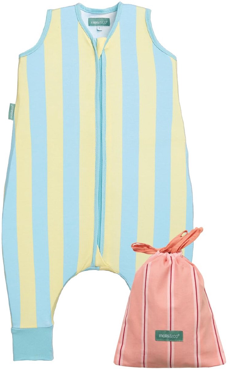 SnelShoppen - Zomerslaapzak met Voetjes 0,5 TOG - Kinderslaapzak met Benen 100% Katoen (Oeko-Tex 100) - Premium Kwaliteit Blauw (Blue Sunshine) 60 cm