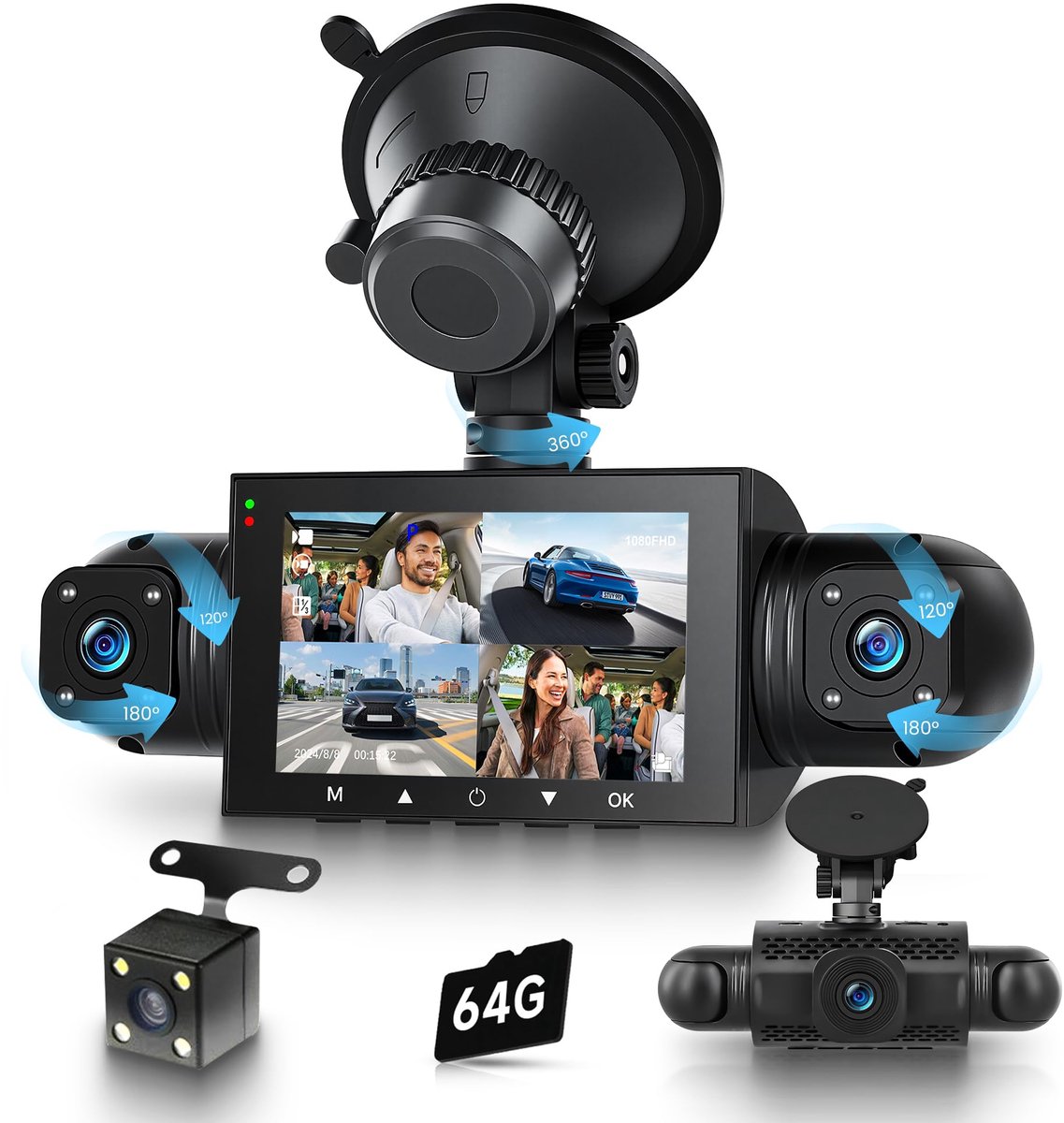 SnelShoppen - 360° 4-kanaals dashcam auto met 64 GB kaart, HD 1080P camera's voor en achter, IR-nachtzicht, 3 inch display, parkeermonitor, G-sensor