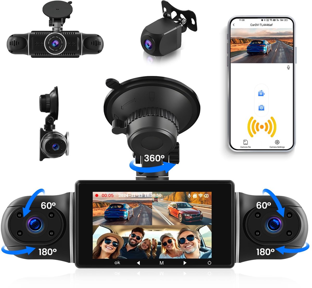 SnelShoppen - CAMECHO Dashcam Auto Achter 4 Camera's FHD 1080P Groothoek 3 Inch IPS-scherm 360° Dashcam met WIFI App Nachtzicht G-sensor 24H-lus Opnam