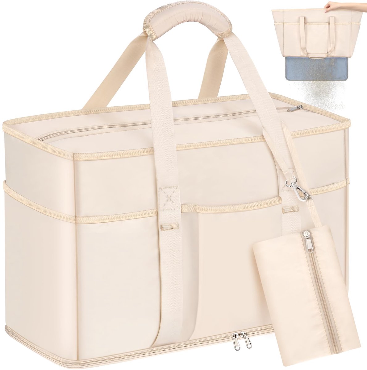 SnelShoppen - Grote Waterdichte Strandtas 45L Beige - Extra Ruime Schoudertas voor Vakantie, Yoga, Reizen, Picknick, Winkelen - Ideaal voor Familie en