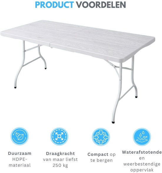Livista Luxe Klaptafel 180x70 cm - Inklapbare Tafel - Opvouwbare Campingtafel & Stevige Tuintafel - Draagkracht tot 250 kg - Vouwtafel - Antislip en Weerbestendig -Handig voor Feest, Tuin of Camping - Wit van Livista — afbeelding 2