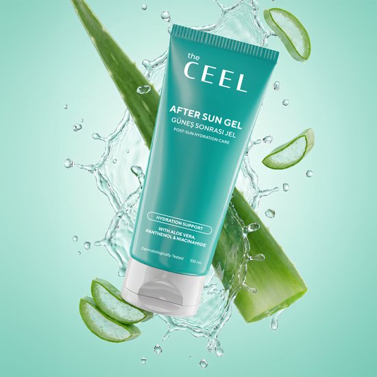 Turquoise tube met 'The Ceel After Sun Gel' erop, omringd door water en aloë vera bladeren.