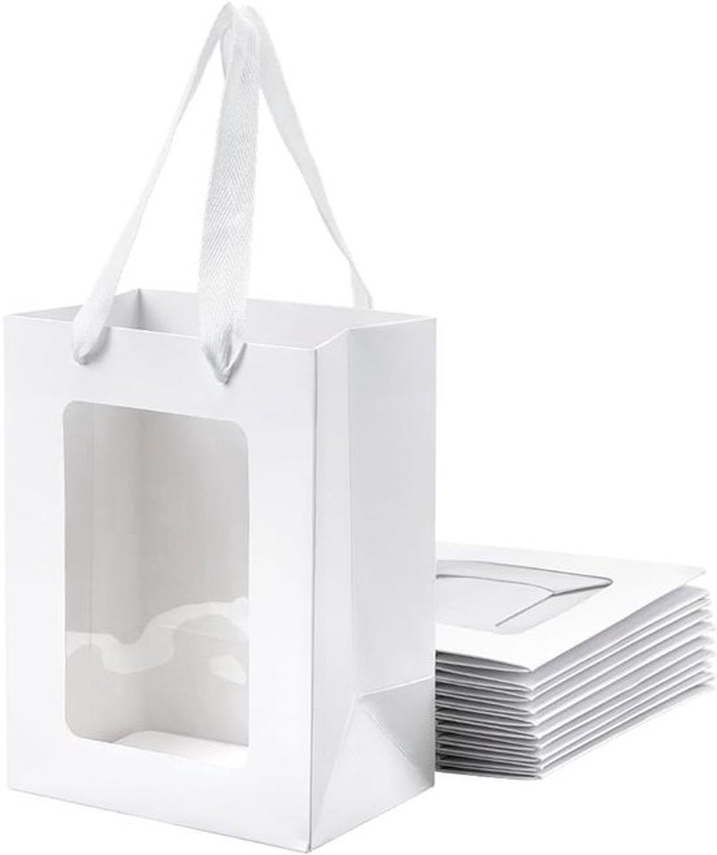 Kraftpapieren geschenkzakjes met venster, 12 stuks, 20 x 15 x 10,3 cm - verjaardag, bruidsfeest, festival