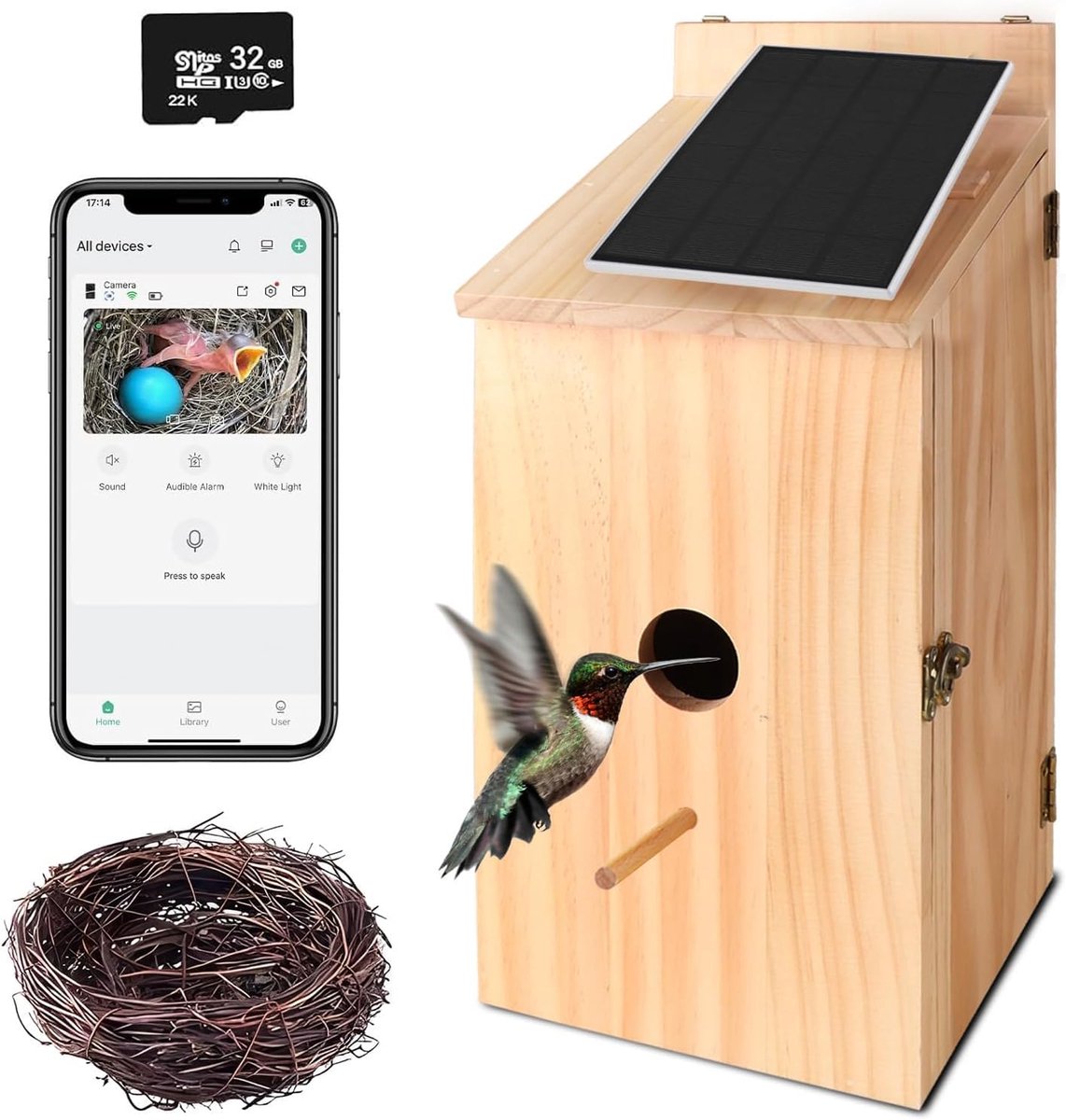 SnelShoppen - Smart Bird House Camera op Zonne-energie, Draadloze 1080p HD Vogelhuisjes voor Buiten met Bewegingsdetectie en App Meldingen