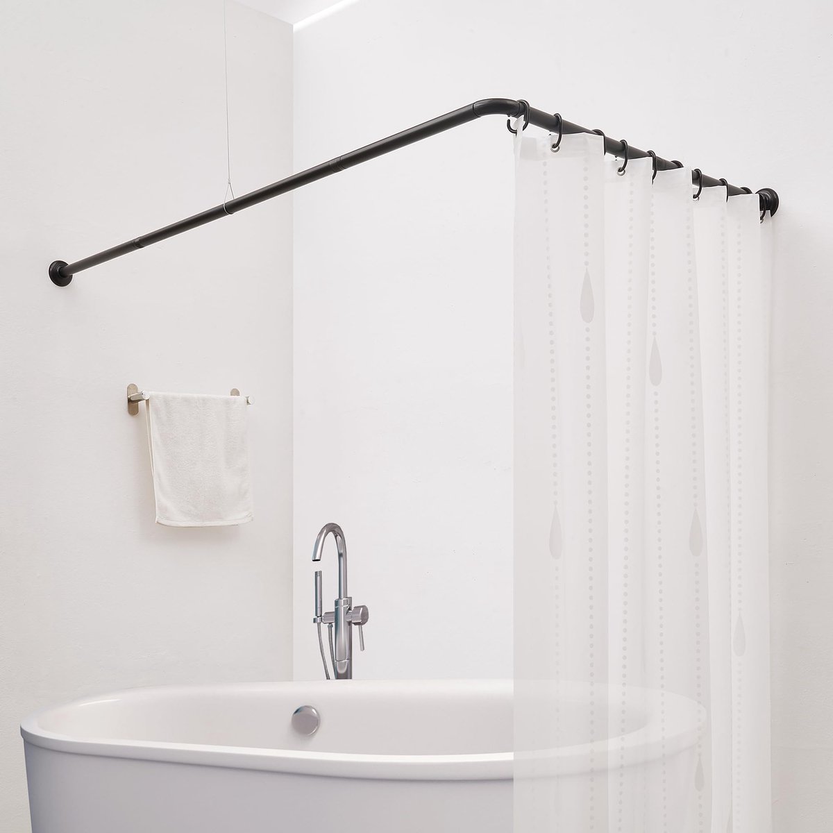 SnelShoppen - L-vormige Douchegordijnstang 171 x 88 cm van Staal in Mat Zwart met Plafondsteun en 12 Haken - Ideaal voor Hoekdouches, Inclusief Montag