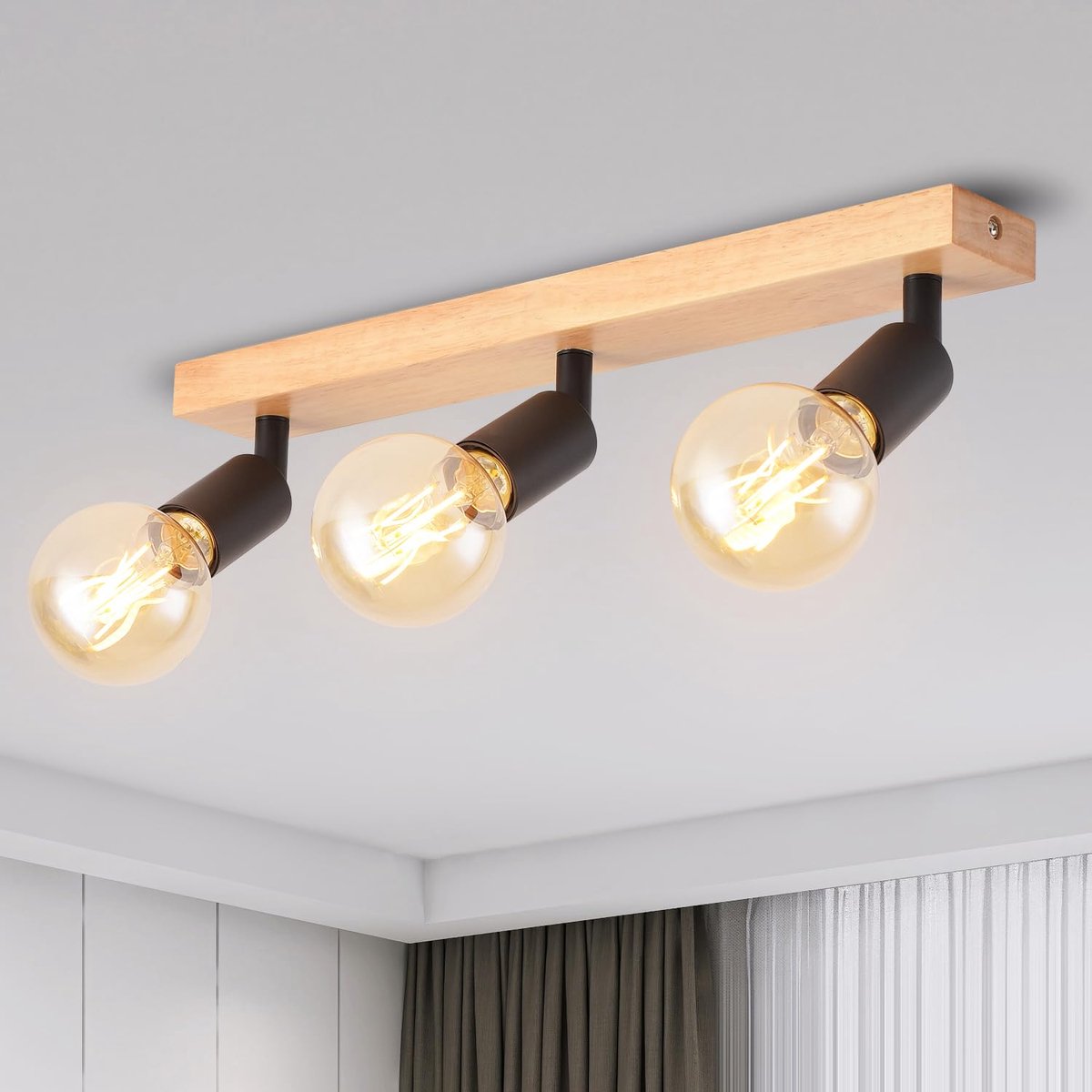 SnelShoppen - Zwarte Plafondlampfitting, 3-Weg Houten Spot Verlichting, Retro Slaapkamer Verlichting voor Keuken en Woonkamer, E27 Basis, Verstelbaar