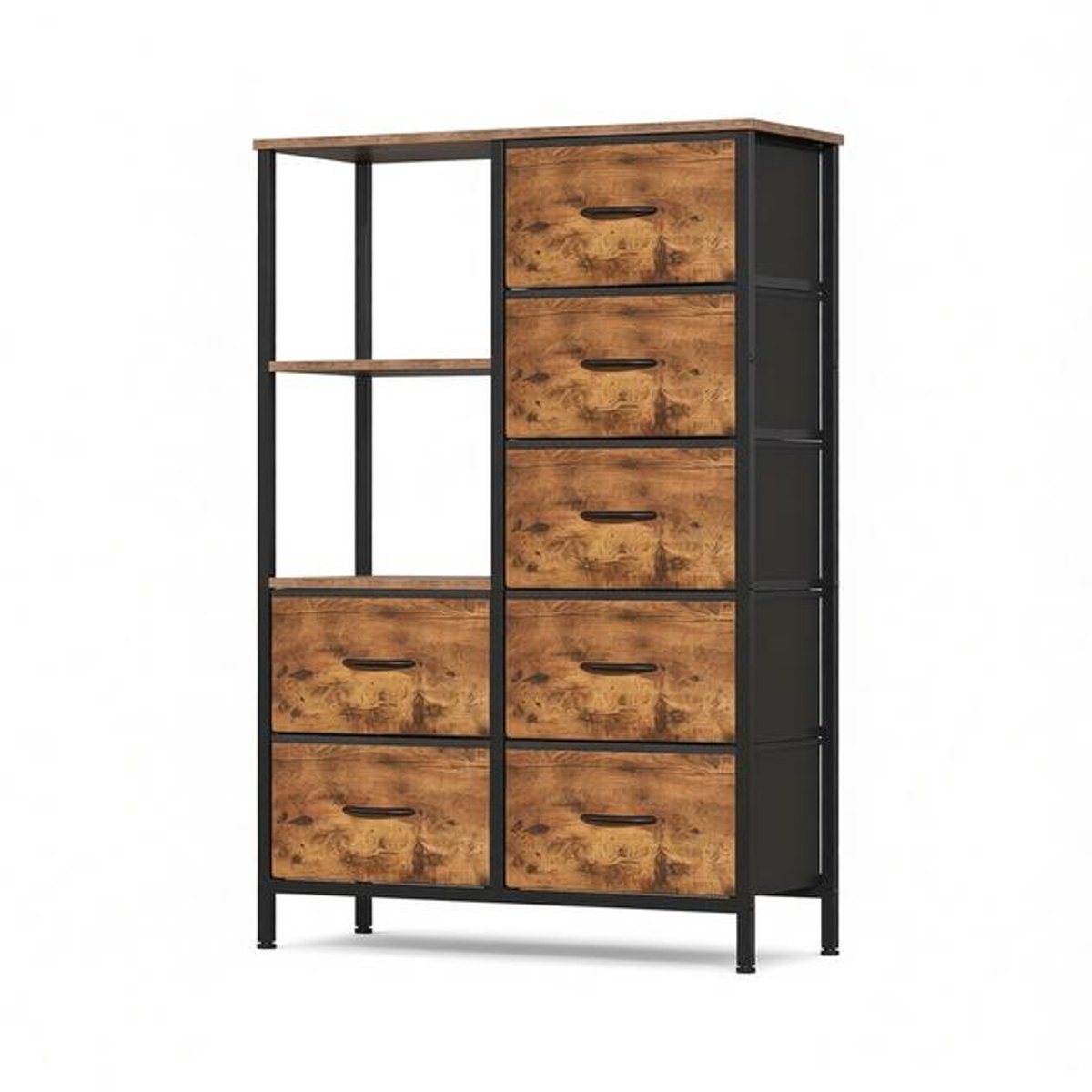 Opbergkast met 7 Stoffen Lades en 2 Open Planken, IJzeren Frame, MDF Blad, Verstelbare Poten, Multifunctioneel, Retro Bruin.