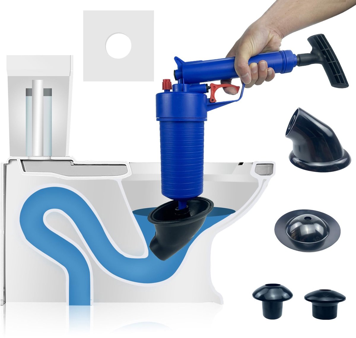 SnelShoppen - Hoge Druk Luchtpomp Afvoerontstopper met 4 Zuignappen, Zware Toiletzuiger voor Keuken, Douche en Bad, Riool Baggerreinigingsgereedschap