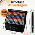 Een zwarte Rynex etui met 168 markers, met afmetingen: 26cm x 16cm x 15.5cm. Een marker is 14cm lang en 2cm breed.
