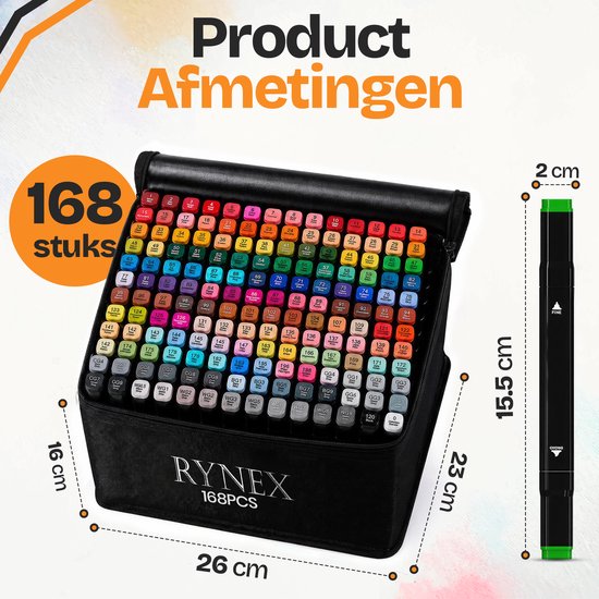 Een zwarte Rynex etui met 168 markers, met afmetingen: 26cm x 16cm x 15.5cm. Een marker is 14cm lang en 2cm breed.