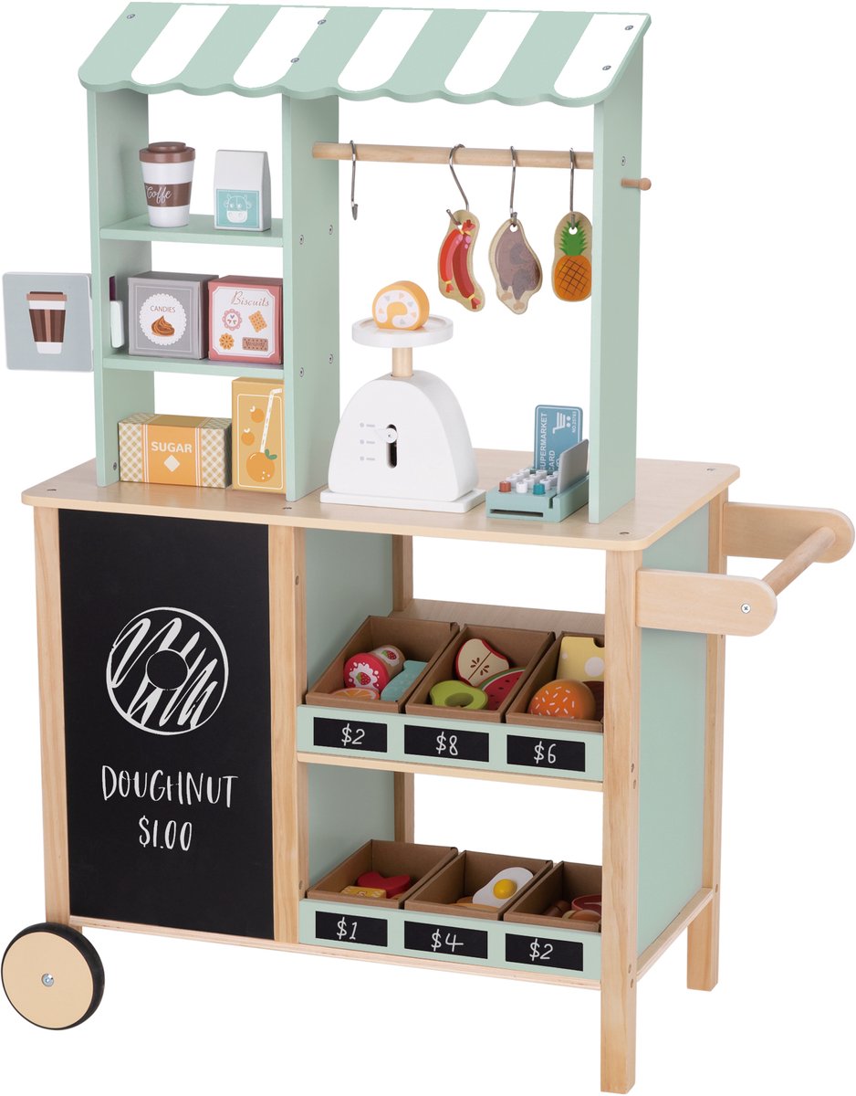 Houten Speelwinkel met Accessoires – Speelgoed Marktkraam & Koffiebar – Inclusief Weegschaal, Etenswaren en Kassa – Rollenspel voor Kinderen