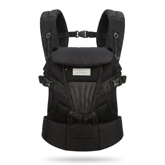 Zwarte ergonomische Sovani draagzak met mesh-panelen, verstelbare banden en gespen.