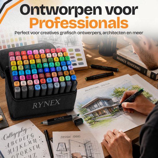 Een man tekent een huis met een groene RYNEX marker. Naast hem staat een tas met 80 markers.