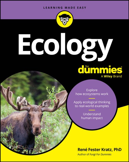 De cover van het boek 'Ecology For Dummies' toont een eland in een bosrijke omgeving. De titel 'Ecology' staat prominent in witte letters op een zwarte achtergrond.