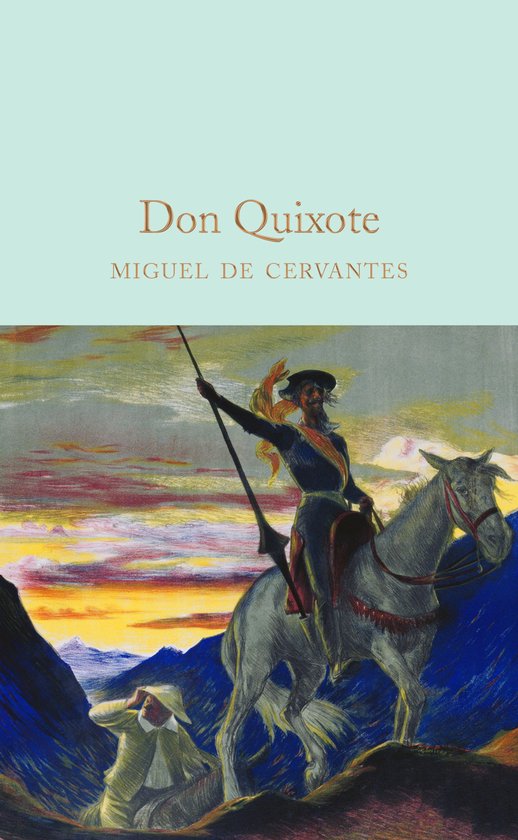 Don Quixote met lans te paard, met Sancho Panza ernaast, bij zonsondergang.