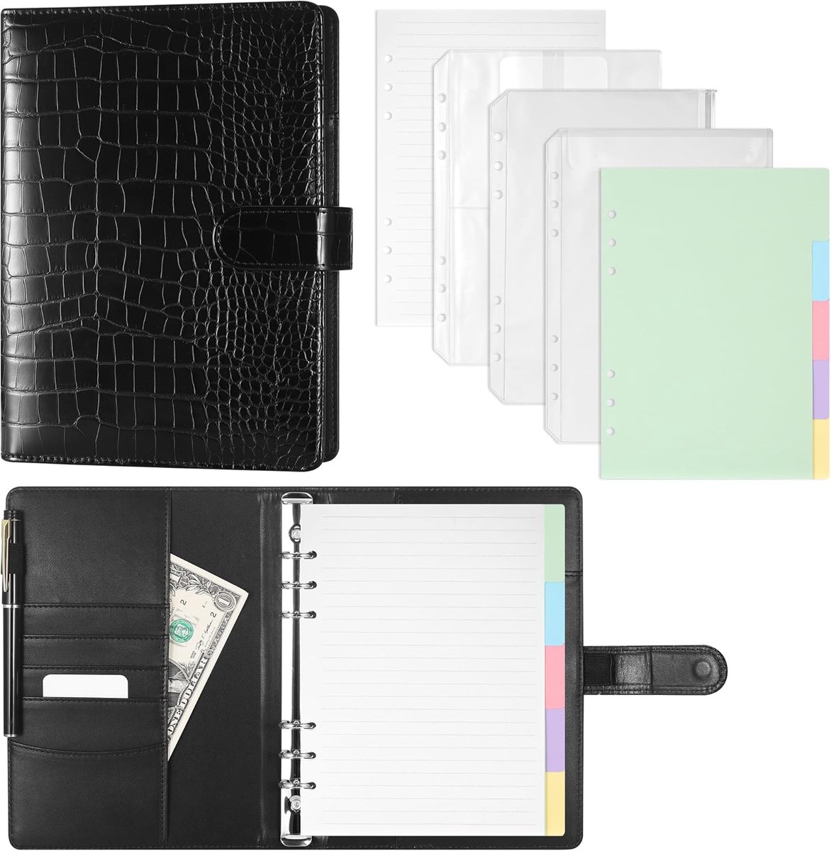 SnelShoppen - JIANTA A5 Ringband 6 Gaten PU-leer Krokodillenpatroon 180 Vellen Navulpapier Bindvakken Themaverdeler Zwart Voor Reisbinders Dagboek Per