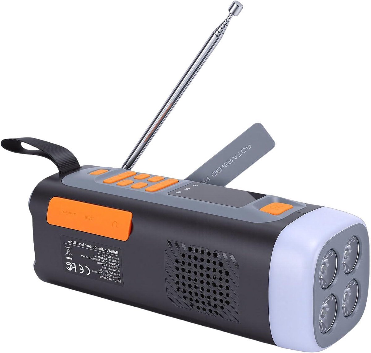 Draagbare Noodradio - Kampeerradio Zaklamp - Buitenactiviteiten - Meerdere Oplaadopties - 18 x 9 x 7.5 cm - Grijs