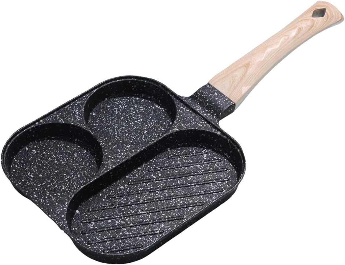 Ontbijtpan met 3 Vakken - Omeletpan Koekenpan - Ontbijt Koken - Antiaanbaklaag Keramisch - 36.5 x 18.5 cm - Zwart