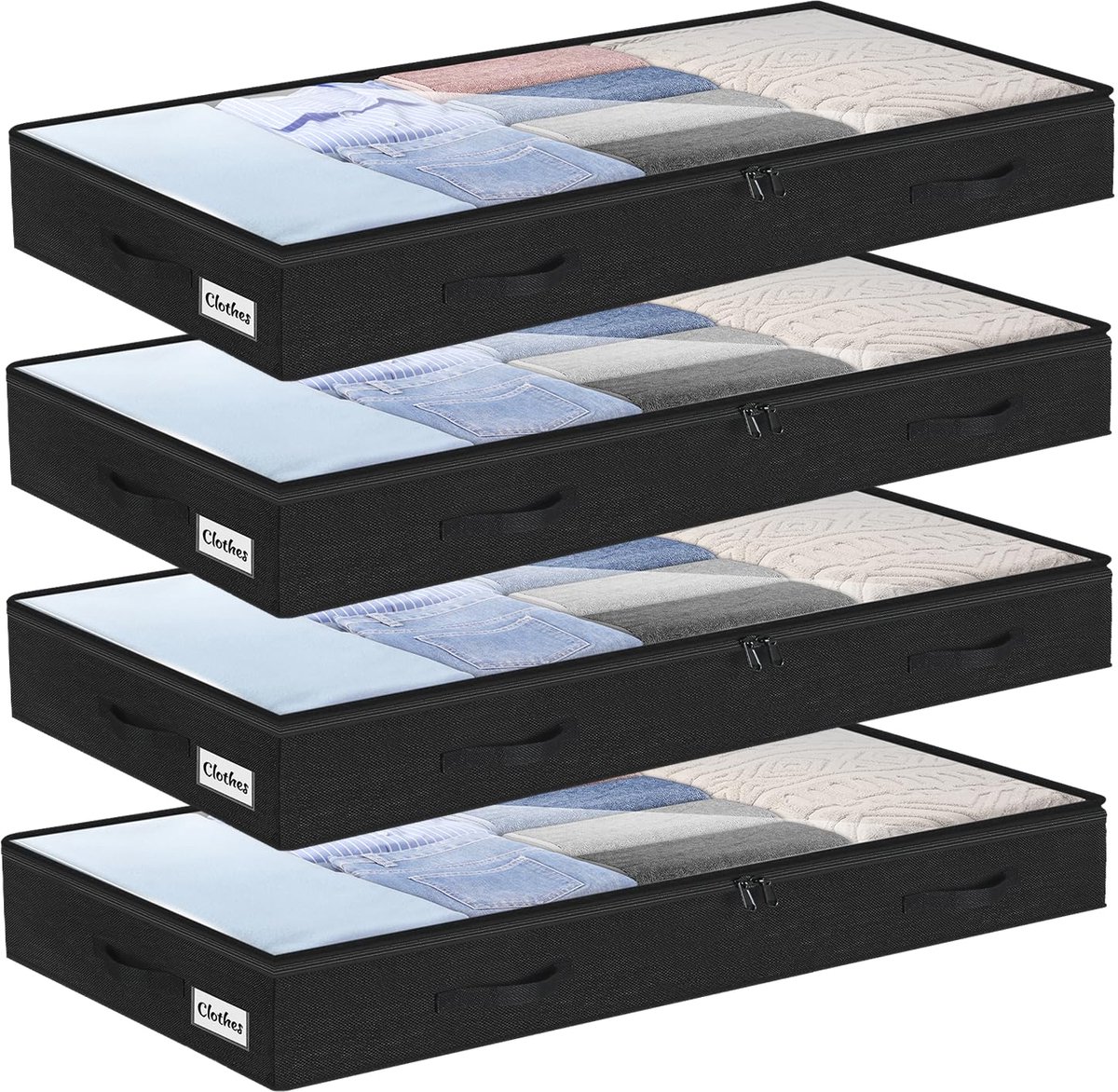 SnelShoppen - Set van 4 Grote Opbergzakken voor Onder het Bed - 10 cm Hoog, Ritssluiting, Opvouwbaar, Ondiep, Transparant Venster, Versterkte Handgree