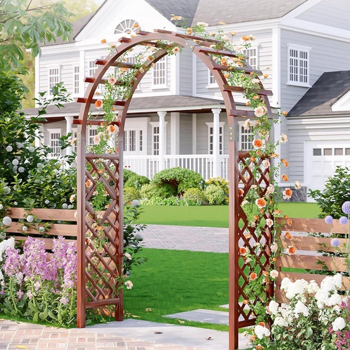 Houten Rozenboog - Tuinboog Klimplanten - Tuin Decoratie - Met Plantenbakken - 120 cm - Houtkleur