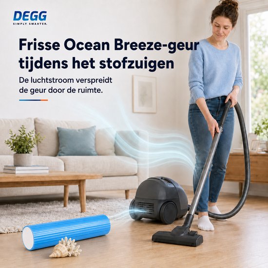 Vrouw in woonkamer met stofzuiger, blauwe luchtstroom symboliseert de geur.