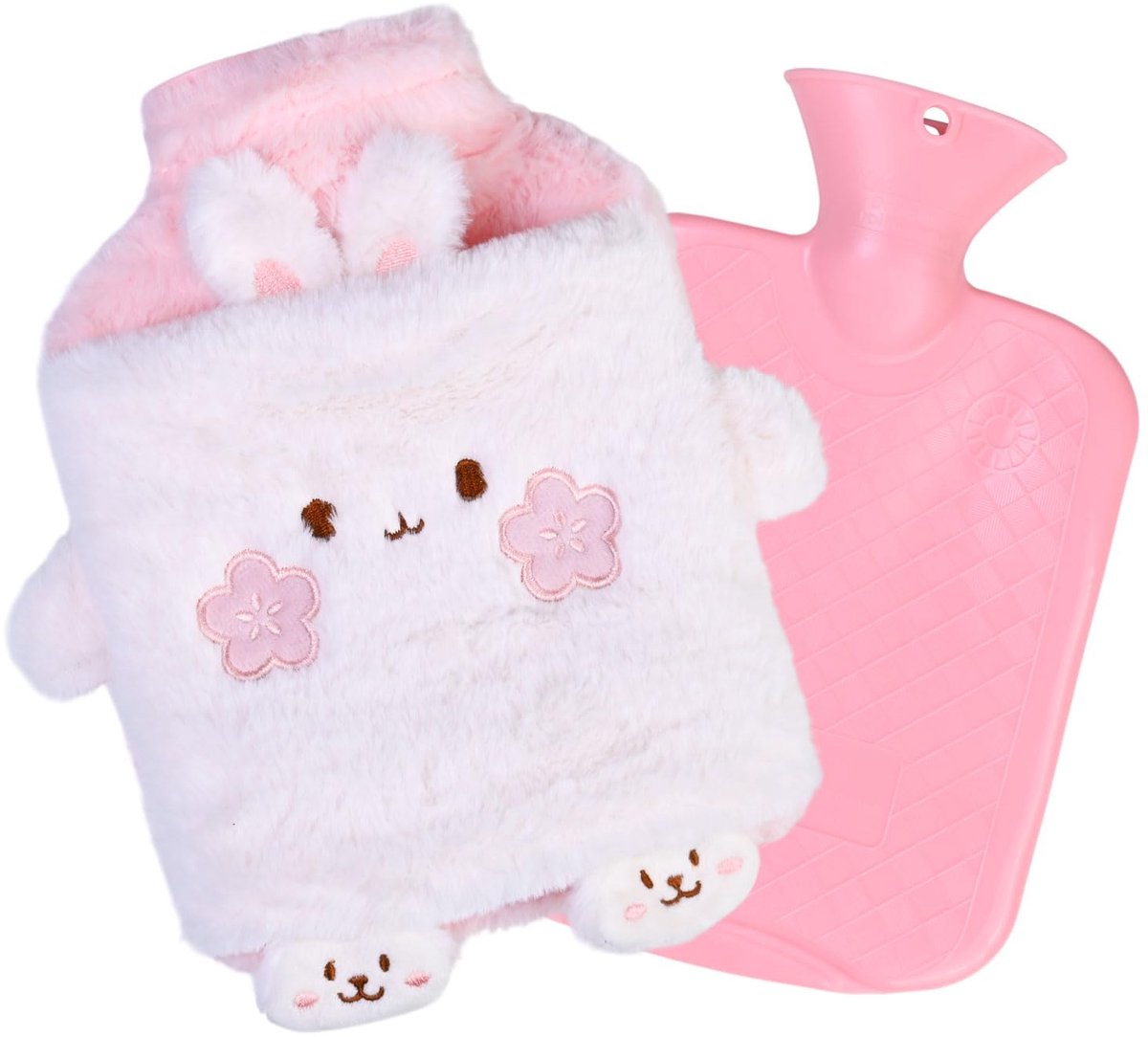 SnelShoppen - 1L Warmwaterkruik Pluche met Konijnenpatroon, Afneembaar, Zacht en Schattig, Ideaal voor Rugpijn, Buik- en Krampen, Roze voor Volwassene
