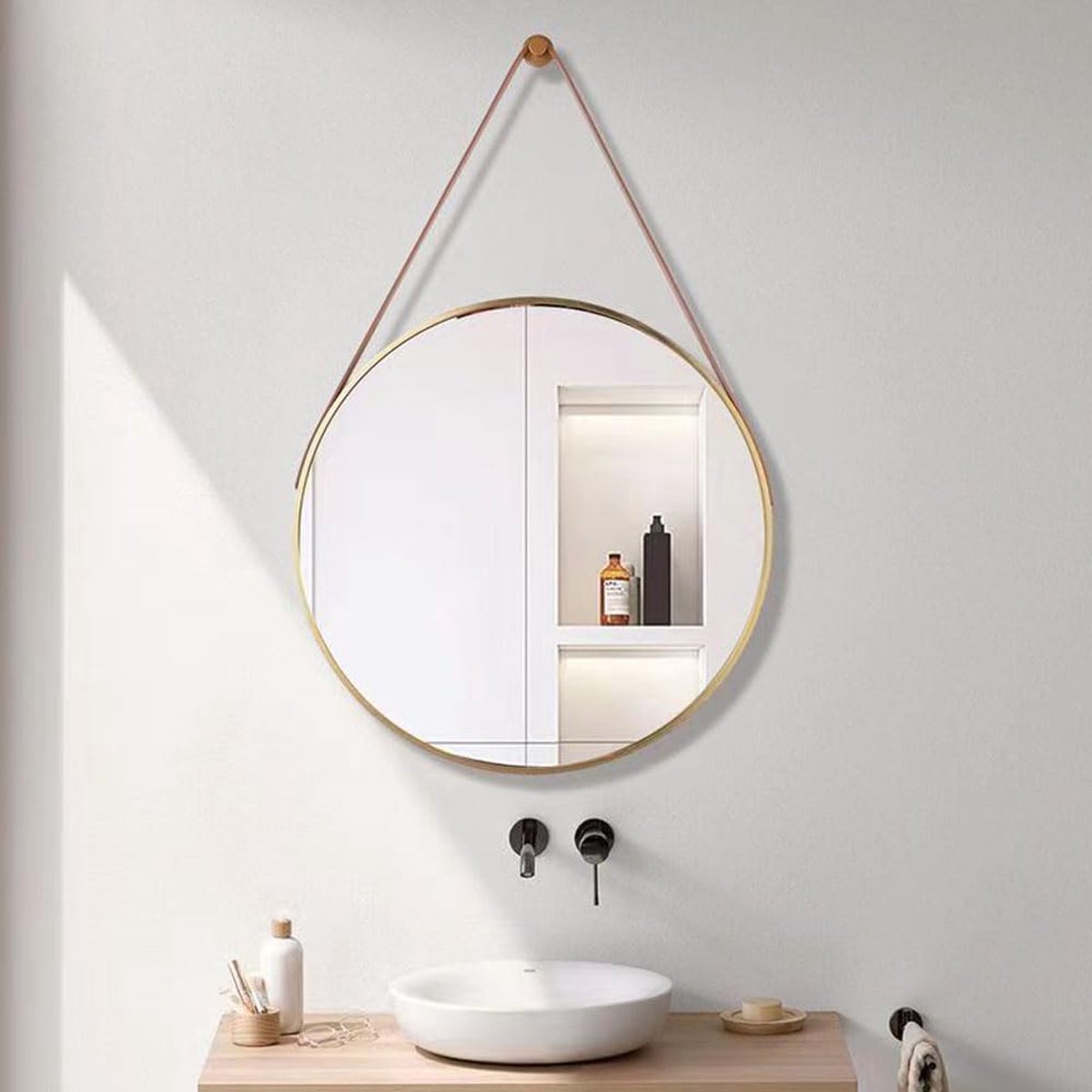 SnelShoppen - Ronde Wandspiegel 30 cm met Riem - Decoratieve Make-up Spiegel voor Woonkamer, Slaapkamer en Badkamer - Gouden Muurdecoratie