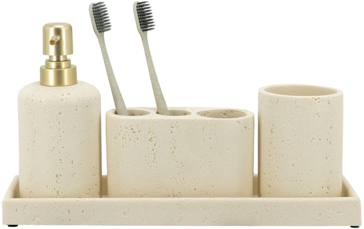 SnelShoppen - Beige badkamer accessoires set 4 stuks - Tandenborstel houder, Zeepdispenser, Ijdelheid lade, Badkamer beker - Organizer voor aanrecht e