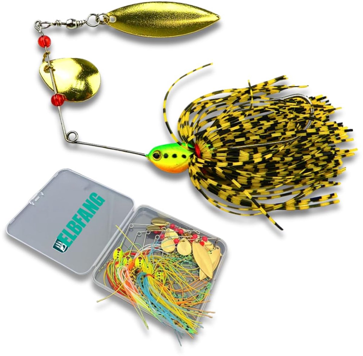 SnelShoppen - Spinnerbaits Set van 5 stuks, 9 cm/16 g, dubbele willow blade, handgebonden siliconen skirts, ultrascherpe haak voor snoek, baars, snoek