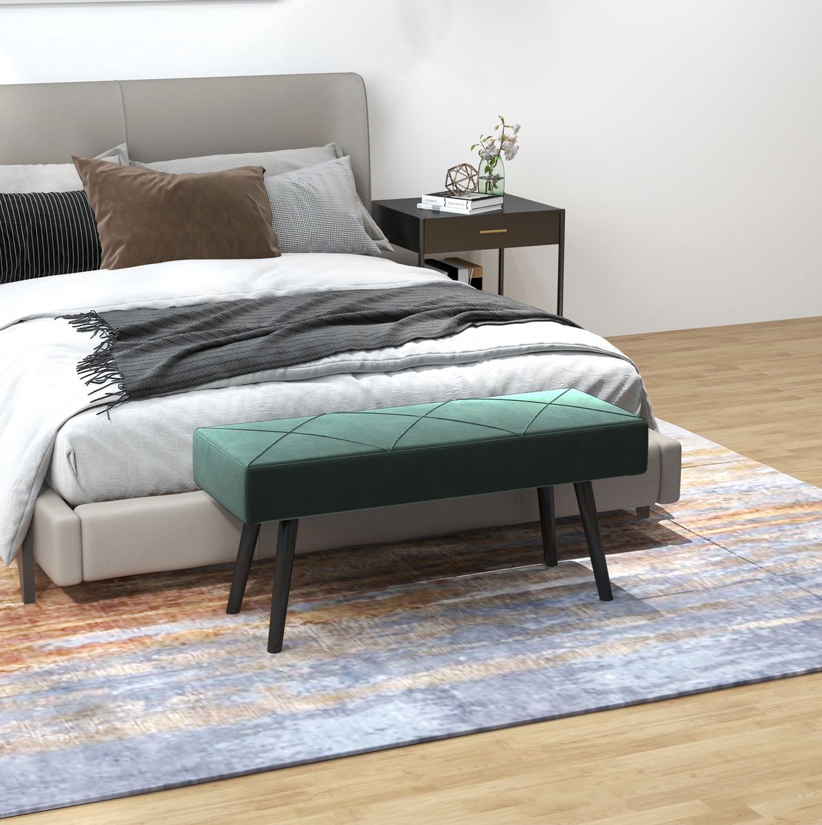 HAUSS SPOLE Bedbank - 100 x 36 x 45 cm - Comfortabele Bekleding met Fluweellook - Staal - Groen - Voor Slaapkamer Hal en Woonkamer - Tot 120 kg