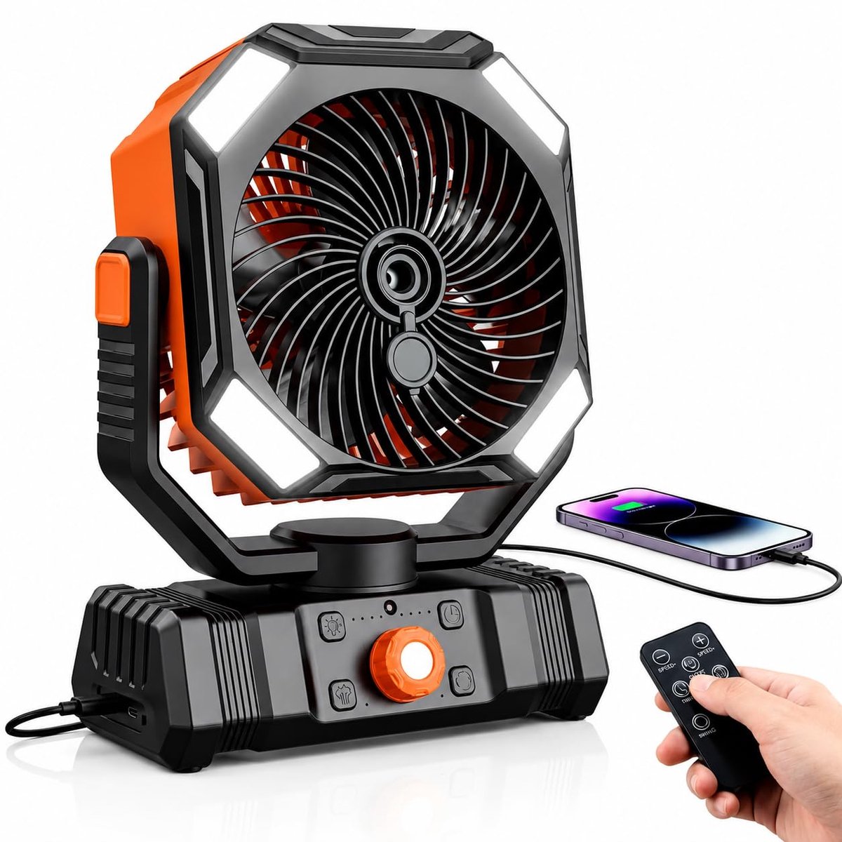SnelShoppen - Draagbare Campingventilator met Mistfunctie, 300ml Watertank, Oplaadbare Accu, LED Lamp, Haak, Timer en Afstandsbediening voor Buiten, C