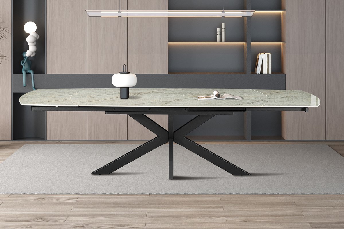 Rousseau - Eettafel Ares – 160-240 x 90 x 76 cm – beige marmerdecor – Verlengbaar met draaimechanisme
