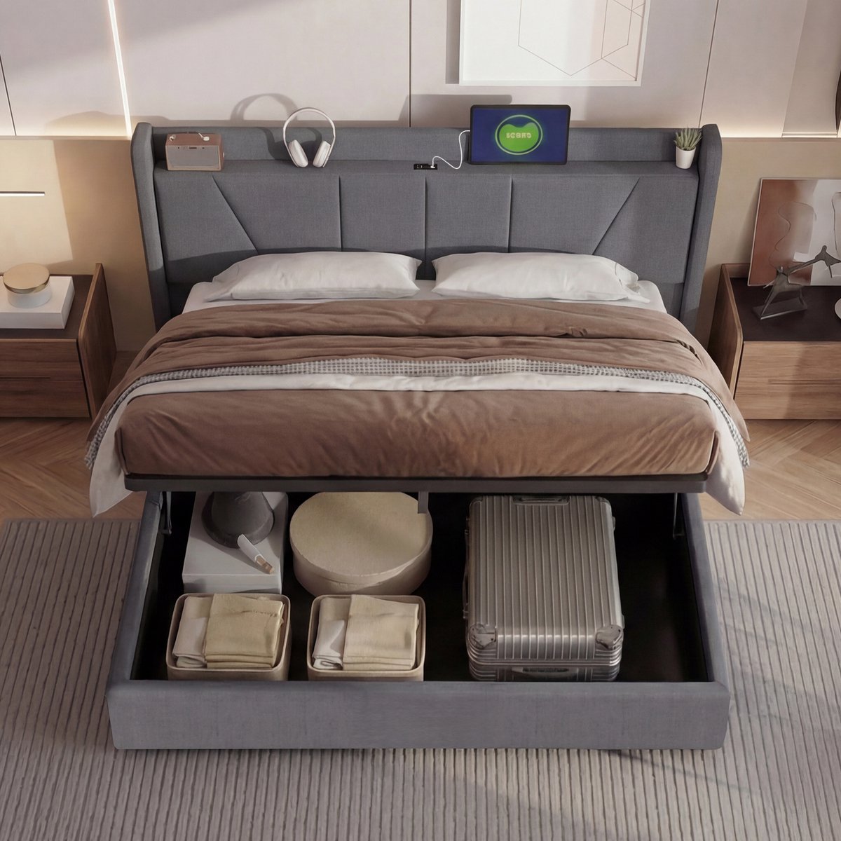 Tweepersoonsbed 160x200 cm, volwassen bed met lattenbodem en opbergruimte, modern gestoffeerd bedframe voor slaapkamer, linnen grijs, zonder matras